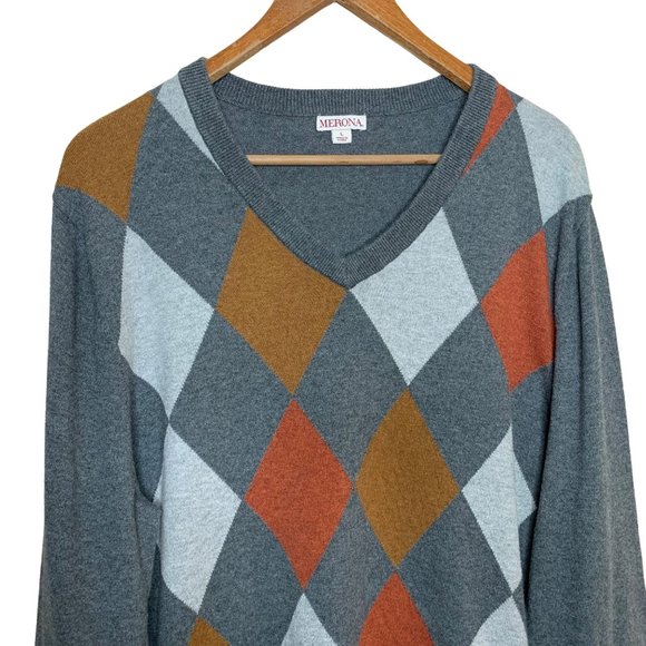 Merona V-Neck Sweater Diamond Print Gray Orange Lightweight 100% Cotton Large - Picture 2 of 7